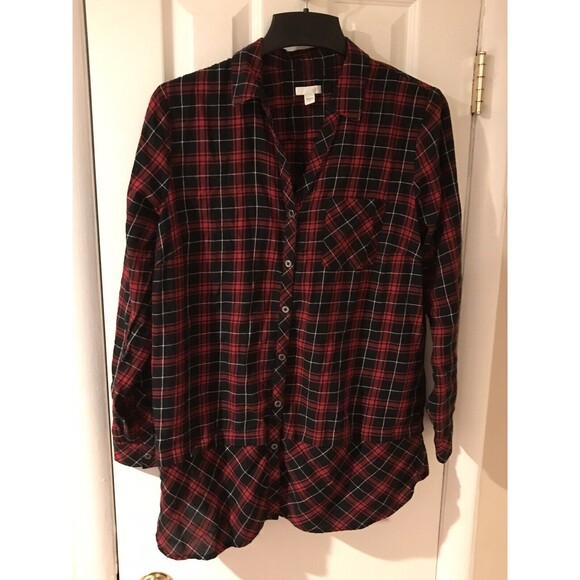 J.Jill Tunic Top Button Front Red Black Plaid Medium 100% Cotton Collard - Picture 5 of 8